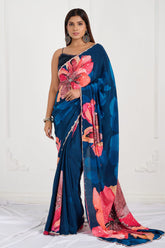 Blue Floral Printed Crepe Handwork Designer Saree