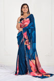 Blue Floral Printed Crepe Handwork Designer Saree
