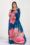 Blue Floral Printed Crepe Handwork Designer Saree