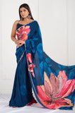 Blue Floral Printed Crepe Handwork Designer Saree