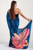 Blue Floral Printed Crepe Handwork Designer Saree
