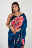 Blue Floral Printed Crepe Handwork Designer Saree