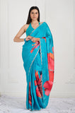 Blue Floral Printed Satin Crepe Handwork Designer Saree
