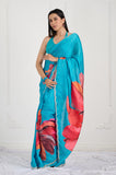 Blue Floral Printed Satin Crepe Handwork Designer Saree