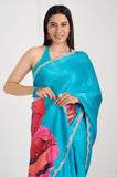 Blue Floral Printed Satin Crepe Handwork Designer Saree
