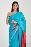 Blue Floral Printed Satin Crepe Handwork Designer Saree