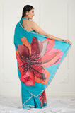 Blue Floral Printed Satin Crepe Handwork Designer Saree