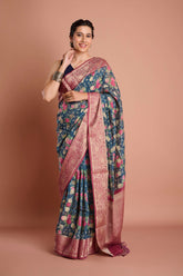 Blue Floral Pure Chanderi Digital Print Saree