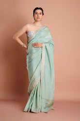 Blue Plain Tissue Saree with Printed Blouse