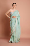 Blue Plain Tissue Saree with Printed Blouse