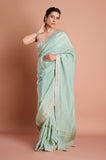 Blue Plain Tissue Saree with Printed Blouse