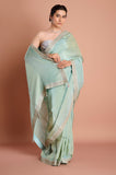 Blue Plain Tissue Saree with Printed Blouse