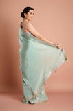 Blue Plain Tissue Saree with Printed Blouse