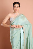 Blue Plain Tissue Saree with Printed Blouse
