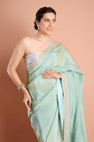 Blue Plain Tissue Saree with Printed Blouse