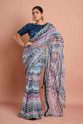 Blue Printed Georgette Stripe Saree