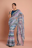 Blue Printed Georgette Stripe Saree