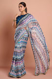 Blue Printed Georgette Stripe Saree