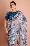 Blue Printed Georgette Stripe Saree