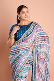 Blue Printed Georgette Stripe Saree