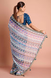 Blue Printed Georgette Stripe Saree