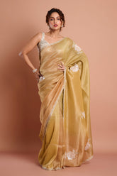 Brown 4D Crush Tissue Handwork Designer Saree