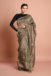 Brown Organza Tissue Stripes Handwork Designer Saree