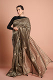 Brown Organza Tissue Stripes Handwork Designer Saree