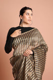 Brown Organza Tissue Stripes Handwork Designer Saree