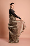 Brown Organza Tissue Stripes Handwork Designer Saree
