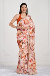 Brown Printed Crepe Handwork Saree