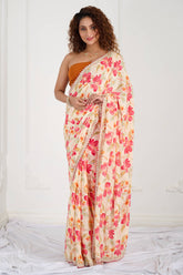 Cream Floral Crepe Handwork Designer Saree