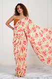 Cream Floral Crepe Handwork Designer Saree