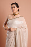 Cream Sequins Georgette Designer Saree