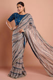 Dark Blue Printed Georgette Stripe Saree