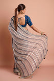 Dark Blue Printed Georgette Stripe Saree