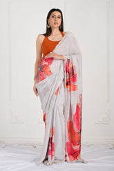Gray Floral Printed Crepe Handwork Designer Saree