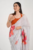 Gray Floral Printed Crepe Handwork Designer Saree