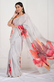Gray Floral Printed Crepe Handwork Designer Saree