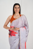 Gray Floral Printed Satin Crepe Handwork Designer Saree