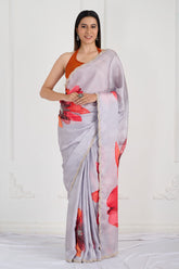 Gray Floral Printed Satin Crepe Handwork Designer Saree