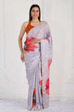 Gray Floral Printed Satin Crepe Handwork Designer Saree