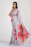 Gray Floral Printed Satin Crepe Handwork Designer Saree