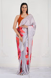 Gray Floral Printed Satin Crepe Handwork Designer Saree