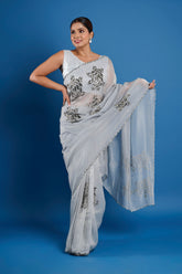 Gray Tissue Handwork Designer Saree