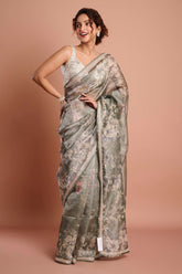 Green Printed Crush Tissue Handwork  Saree