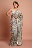 Green Printed Crush Tissue Handwork Saree