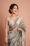 Green Printed Crush Tissue Handwork Saree