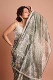 Green Printed Crush Tissue Handwork Saree