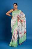 Green Pure Linen Digital Printed Saree